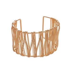 Minimalist wide cuff bracelet with layered wire wrap and geometric cutout metal design