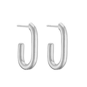 Polished silver U-shaped oval hoop earrings with a minimalist metallic glossy finish
