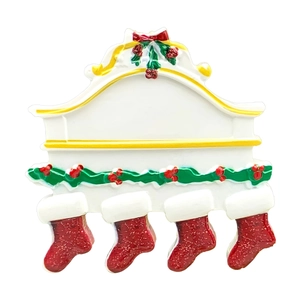Detailed resin Christmas fireplace ornament featuring four hanging red socks and green holly