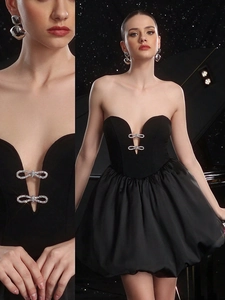 Elegant black strapless mini dress with rhinestone bows for formal evening parties