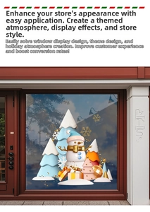 Detailed view of Christmas snowman and colorful tree static stickers on window display