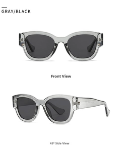 Detail view of oval sunglasses with gray frames and black lenses from two different angles