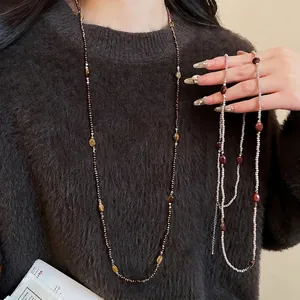 Tiger Eye Stone Beaded Long Necklace Retro Ethnic Style Layered Sweater Chain For Women Glass Hematite Jewelry