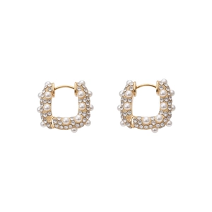 Boucles d'oreilles créoles carrées en U plaquées or 18 carats avec diamants et perles