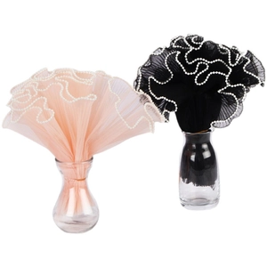 Pink and black pleated flower mesh wrap with pearl edges for bouquet gift packaging