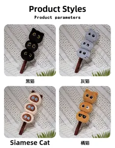 Detail view of four colorful plush cat skewer toys in black, grey, siamese and ginger
