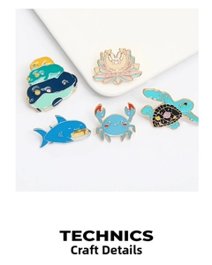 Detail of five cute enamel animal pins showing high-quality zinc alloy and drip oil technics