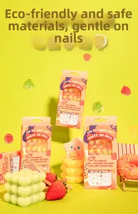Close-up of kids' press-on nail kits with cute cartoon designs and safe adhesive