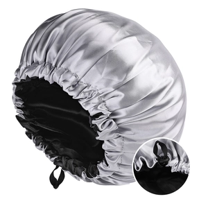 Silver grey satin sleep cap with adjustable buckle and soft black inner lining