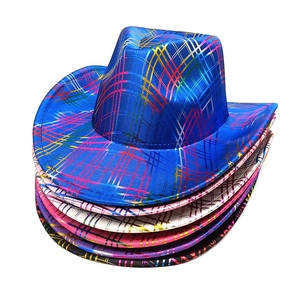 Close-up of metallic rainbow grid texture on various colorful party cowboy hats