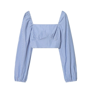 Haut Court Rayé Pour Femmes Polyester Col Carré Manches Bouffantes Blouse Froncée Style Français Décontracté