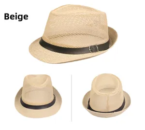 Detailed macro view of beige mesh straw hat featuring breathable weave and leather band