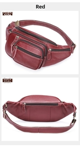 Detail view of red lychee grain leather waist bag with zipper pockets and metal buckle