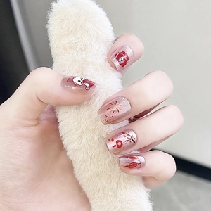 Faux Ongles Courts Effet Oeil De Chat Pailleté Nouvel An Lunaire Lanterne Festive Feu D'artifice Rose Dessin Animé Femme