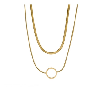 Double-layered gold snake chain necklace with a hollow round pendant in titanium steel
