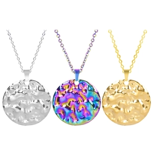 Three hammer textured round pendant necklaces in gold, silver and rainbow finish