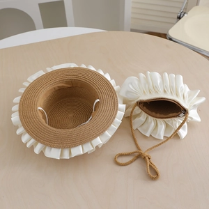 Straw sun hat and matching crossbody bag set with white satin ribbon wavy trim