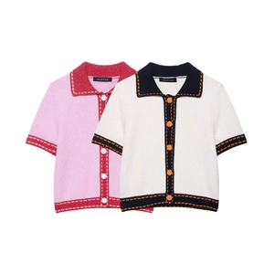 Women Short Sleeve Knit Cardigan Polo Neck Color Block Contrast Trim Button Up Preppy Elegant Knitwear Top