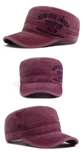 Three-angle view of vintage burgundy cadet cap with letter embroidery and metal eyelets