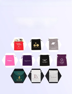 Detail of satin drawstring jewelry bags showing gold foil logo printing options