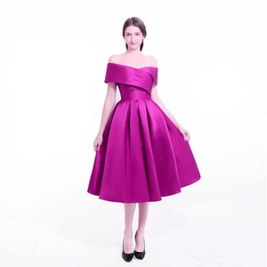 Elegant fuchsia off-shoulder satin cocktail dress with pleated waist and midi skirt