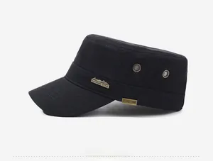 Detail of black cotton flat top military cap with metal air vents and outdoor logo patch