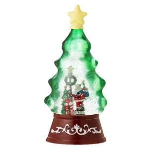 Christmas tree snow globe music box with Santa Claus and LED lights on a white background