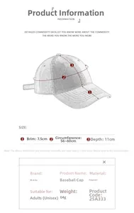 Detailed size guide for mesh baseball cap showing brim length and head circumference