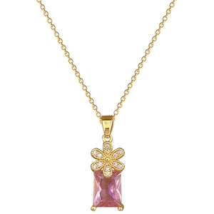 Elegant gold necklace with pink rectangular gemstone and micro-set floral pendant detail