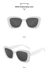 Front and side view of white butterfly frame sunglasses with dark grey lenses