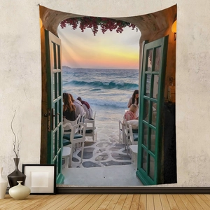 Detail of Mediterranean view tapestry featuring a green door and sunset ocean scenery