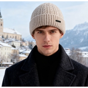 Close-up of beige chunky knit beanie with cable pattern and side label for winter