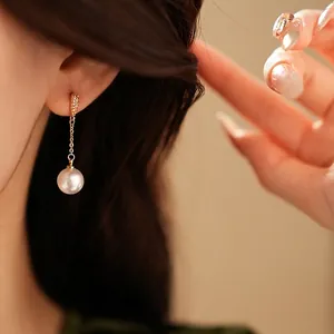 Elegant 18K gold plated long pearl drop earrings with sparkling zircon for women