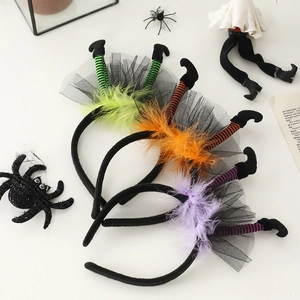 Halloween witch leg headbands in green, orange, and purple for costume party decorations