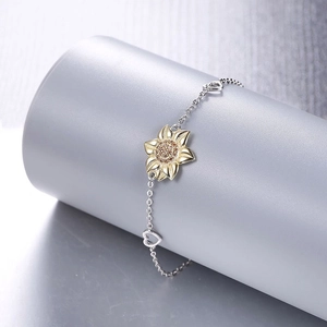 S925 sterling silver sunflower bracelet with gold accents and heart-shaped chain links