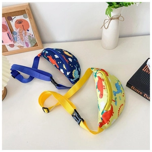 Detail view of cute cartoon dinosaur print chest bags for kids in blue and yellow canvas