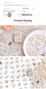 Close-up of floral butterfly stickers with packaging dimensions and vintage decor