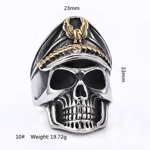 Vintage punk skull military ring with golden eagle badge and silver stainless steel finish