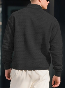 Rear view of black textured jacquard long sleeve polo shirt showing fabric detail