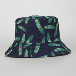 Dark blue cotton bucket hat with cute cartoon cucumber print for casual wear