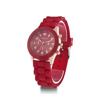 Geneva leisure quartz watch with red silicone strap and rose gold metal case