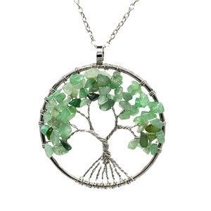 Handmade tree of life pendant necklace with silver wire and green natural crystal stones