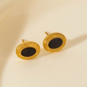 Vintage 304 stainless steel gold earrings with oval black stones and beaded texture