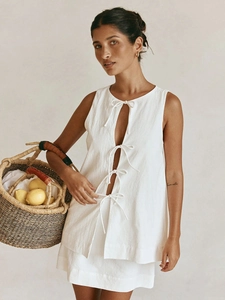 Women Sleeveless Tie Front Top And Mini Skirt Viscose Linen Outfit Summer Casual Vacation Solid White