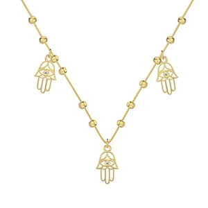 Élégant collier main de Hamsa en argent sterling S925 doré avec perles sur fond blanc uni