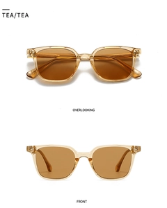 Macro shot showing front and top views of retro amber tea-colored square sunglasses