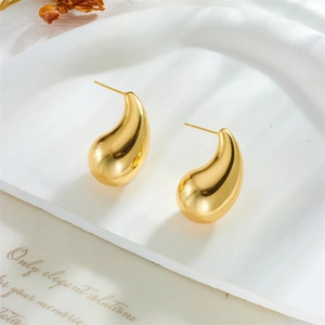Elegant gold-plated stainless steel teardrop earrings displayed on a white stand