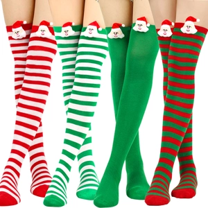 Christmas striped over-knee high socks with plush 3D Santa Claus doll decorations