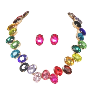 Rainbow crystal necklace and earrings set with oval gemstones on gold base