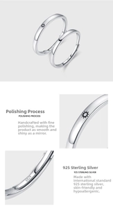 Detailed view of S925 sterling silver stamp and sun pattern on sun and moon couple rings